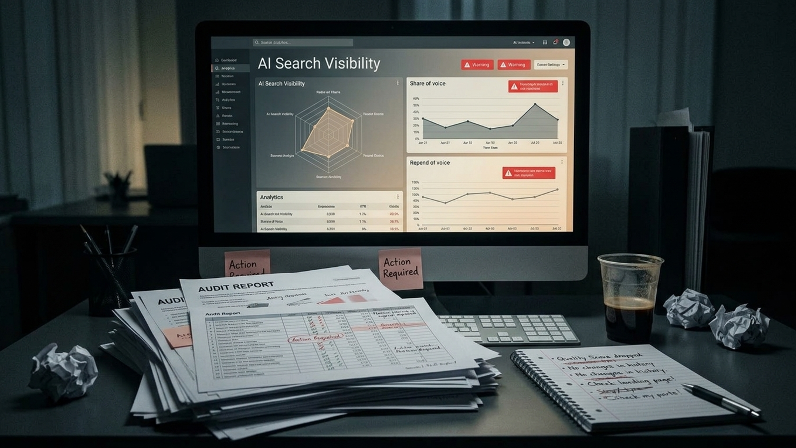 A dashboard with falling trend lines beside stacks of unread reports and a coffee mug.